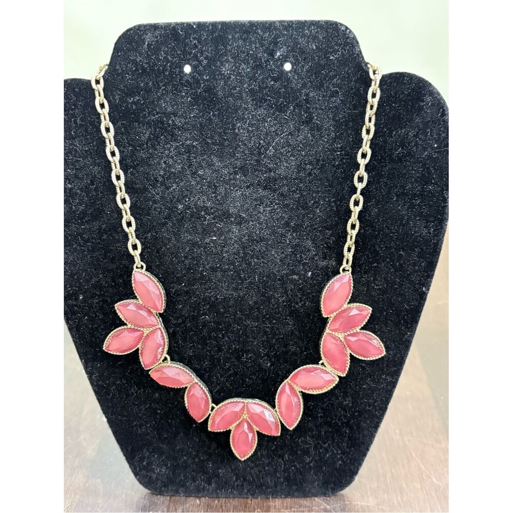 Pink Marquise Statement Necklace Gold Tone Bib Style